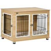 PawHut Cage pour chien animaux cage de chien sur pied avec coussin table d'appoint avec plateau amovible acier aspect bois - 90 x 58 x 65 cm