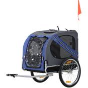 Remorque vélo pour chien animaux pliable 8 réflecteurs drapeau barre attelage inclus acier polyester imperméable max. 30 Kg 130L x 73l x 90H cm bleu
