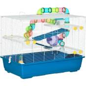 Pawhut - Grande cage à hamsters 4 niveaux - tunnels, abreuvoir, mangeoire, roue, maisonnette, échelles - dim. 79L x 46l x 60H cm - métal pp bleu blanc