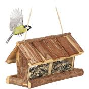 Relaxdays - Mangeoire à oiseaux en bois de sapin, à suspendre, grilles en fer, h x l x p : 19 x 31,5 x 16 cm, nature