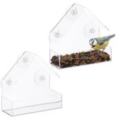 Mangeoire à oiseaux, lot de 2, 3 ventouses, avec toit, h x l x p : 15 x 15 x 7 cm, transparente - Relaxdays