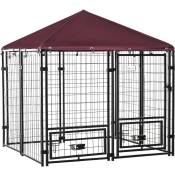Chenil extérieur chien - cage chien - enclos chien - toile toit imperméable anti-UV, porte verrouillable, 2 bols rotatifs - acier noir oxford pourpre