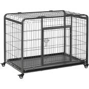 Cage pour chien pliable cage de transport sur roulettes 2 portes verrouillables plateau amovible dim. 109,5L x 71l x 78H cm métal gris noir - Noir