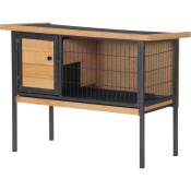 Cage à lapin clapier sur pied - toit ouvrable - dim. 91,5L x 45l x 70H cm - métal époxy bois pré-huilé - Marron