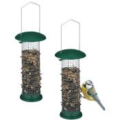 Mangeoire à oiseaux (sauvages), lot de 2, suspension, en métal, h x d : 31 x 10 cm, vert et argenté - Relaxdays