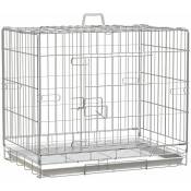 Cage pour chien pliable - plateau excrément coulissant - 2 portes verrouillable, poignée - dim. 61L x 43l x 50H cm - fer galvanisé pp blanc - Blanc
