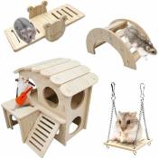 Lot de 4 Jouets pour Hamster en Bois, Jeux pour Hamster Comprenant Maison Hamster Pont Balancoire, Accessoire pour Hamster Cochon d'Inde Chinchilla