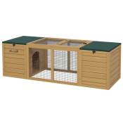 PawHut Clapier cage à lapins imperméable en bois massif - 2 espaces avec toit ouvrable en asphalte - dim. 140L x 52l x 46H cm