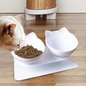 Gamelle surélevée inclinée à 15° pour chat - Double bol en plastique - Anti-vomissement - Pour chats et petits chiens - Blanc