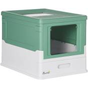 Maison de toilette pliable pour chat - tiroir à litière coulissant, porte battante et trappe transparente, pelle - blanc vert - Vert