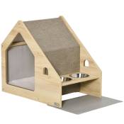 PawHut Niche d'intérieur pour chien et chat design avec deux gamelles et coussin amovible - beige-AOSOM.fr