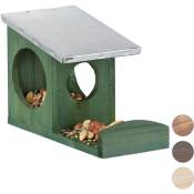 Relaxdays - Mangeoire pour écureuils, Hotte en bois, toit métallique étanche, à accrocher, Pour le jardin, vert foncé