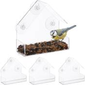 Relaxdays Mangeoire à oiseaux, lot de 4, 3 ventouses, avec toit, H x L x P : 15 x 15 x 7 cm, transparente