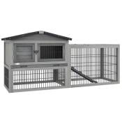 Clapier cage à lapins cottage - niche haute, rampe, enclos extérieur - plateau excrément, toit ouvrant, 2 portes verrouillables - bois gris
