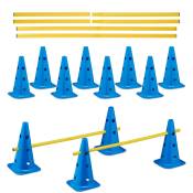 Relaxdays - Set de 12 cônes et 6 barres, 18 pièces pour l'agility ou le football, obstacles chien, bleu et jaune