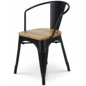 Chaise en métal noir style industriel et assise en bois naturel clair - Fauteuil avec accoudoirs - Kosmi