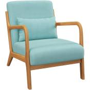 Fauteuil lounge - 3 coussins inclus - assise profonde - accoudoirs - structure bois hévéa - aspect velours turquoise - Bleu
