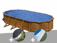 Kit piscine acier aspect bois gré pacific ovale 7,44 x 3,99 x 1,22 m + bâche d'hivernage + tapis de sol