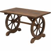 Table basse de jardin style rustique chic piètement roues charette bois sapin traité carbonisation - Marron