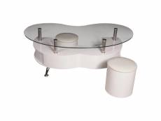 Table basse décorative moderne, plateau en verre et structure en acier, table basse avec pouf coulissant pour salon, 130x70h45 cm, couleur blanc 80527