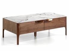 Table basse rectangulaire bois noyer et plateau en marbre céramique blanc mykal