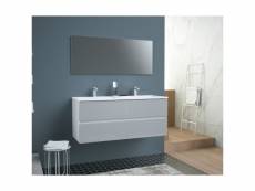 Totem salle de bain 120cm - gris - 4 tiroirs fermetures ralenties - double vasque en ceramique + miroir TOTEMSET120GRIS