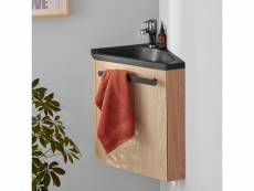 Ensemble meuble lave-mains d'angle décor chêne vasque noire skino avec robinet chromé