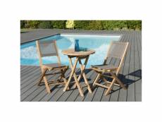 Harris - salon de jardin en bois teck 2 pers - 1 table ronde pliante 60 cm et 2 chaises textilène couleur taupe