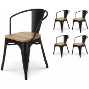 KOSMI - Lot de 4 chaises en métal noir mat Style Industriel Factory avec assise en bois naturel clair, Fauteuils industriels avec accoudoirs