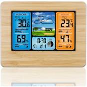 LCD ecran couleur previsions meteo reveil thermometre interieur, et exterieur et hygrometre horloge bambou