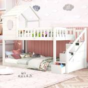 Lit superposé enfants 90x200cm, avec escalier, 3 tiroirs et sommier à lattes, lit cabane en pin - blanc - Blanc