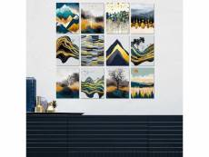 Lot de 12 tableaux aranea l20xh15cm motif abstrait, montagnes bleu, blanc et or