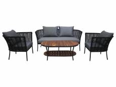 Moana - salon bas de jardin 4 pl + table - corde, métal et bois - noir coussins gris - housse de protection - bestmobilier - multicolore