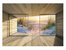 Papier peint intissé panoramique 3d plage mer fenêtre 416x254 cm chambre salon photo non tissé muraux trompe l'oei