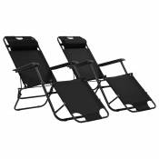 Set de 2 chaises longues pliables avec repose pied - Noir - 175 x 61 x 87 cm