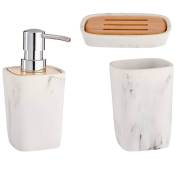 Set salle de bain plastique effet marbre blanc et bambou