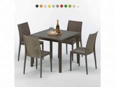 Table carrée et 4 chaises colorées poly-rotin résine 90x90 marron Grand Soleil
