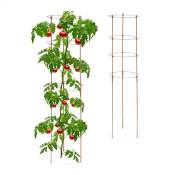 Tuteur à tomates en lot de 2, métal et plastique, hauteur : 120 cm, 4 anneaux réglables, pour plantes, marron - Relaxdays