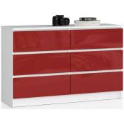 Commode AKORD K120 Blanche 120 cm 6 tiroirs façade Rouge Brillante 120x40x77 cm