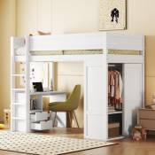 Dans Les Nuages - Lit mezzanine 90x200cm, avec armoire, bureau, 2 tiroirs, échelle, Lit enfant - blanc - Blanc