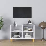 Meuble TV avec pieds en bois massif Blanc brillant