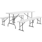 Set de table et bancs de réception. 180cm. pliables. avec poignée de transport. plastique blanc. table de camping - Blanc