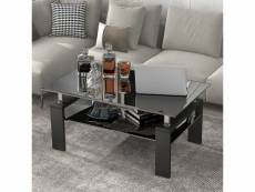 Table basse en verre trempé, rectangulaire 100x60x45 cm, avec étagère, pieds en bois, noir