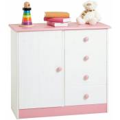 Commode enfant RONDO lasuré blanc et rose en pin passif buffet meuble de rangement pour chambre enfant avec 4 tiroirs et une porte - Blanc/Rose