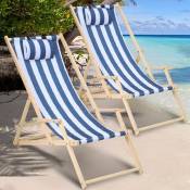 Einfeben - Chaise longue de jardin Chaise longue en pin pliable Chaise longue de balcon en bois Chaise de plage Bleu Blanc Avec Mains Courantes 2