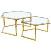 Homy France - Lot de 2 tables basses Gigogne hexagona Gold et plateau verre transparent