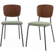 Lot de 2 chaises assise bouclette texturée verte. dossier bois de peuplier courbé. pieds en métal noir mat - Vert