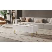 Sureh - Table basse moderne 100×50×40cm,table basse salon avec 4 pieds dorés,design à rayures verticales,2 tiroirs, Blanc