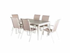 Table extensible 160-210 et 6 fauteuils aluminium blanc,textilène lisse gris N55633402