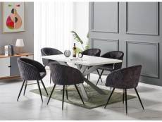 Eva - table à manger 4 à 6 personnes rectangulaire blanche + 6 chaises en velours noires - style contemporain